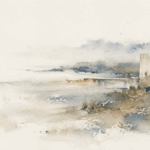 Illustration aquarellée de Traces & regards, collection de livres photo et de récits visuels, mêlant territoire, architecture et traces humaines.